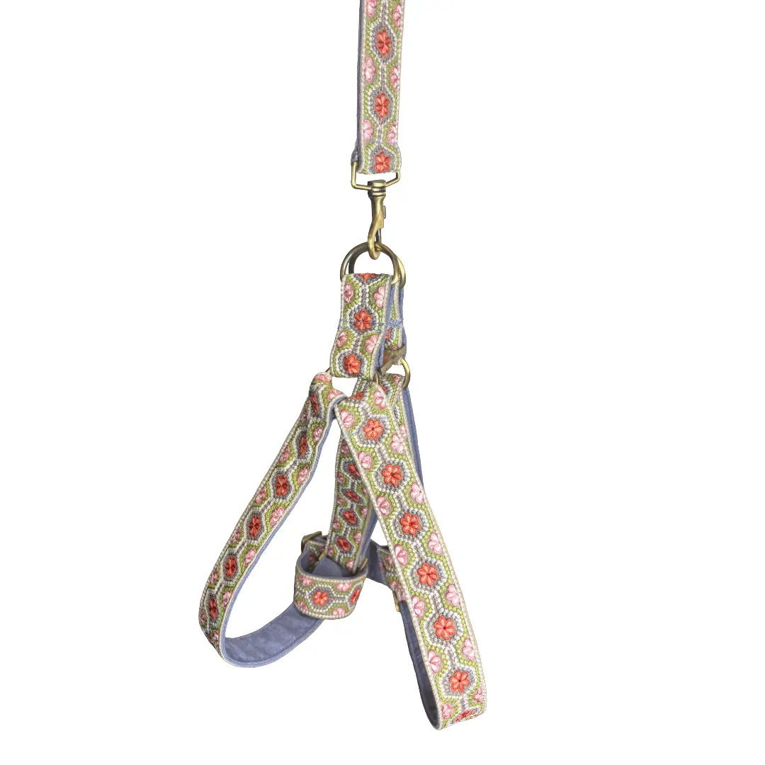 MITRAYA Floral Embroidered Dog Step-In Harness, Fancy Pet Harness with Coral and Pink Flowers, Adjustable and Durable Harness