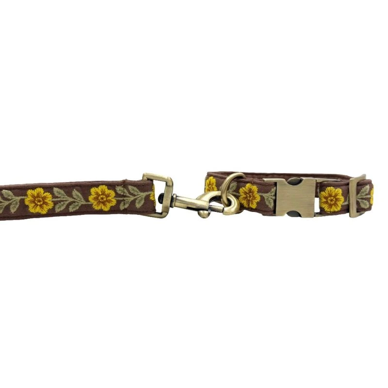 MITRAYA Embroidered Sunflower Dog Collar, Brown Cotton with Brass Hardware, Adjustable Quick-Release Buckle, Floral Pattern