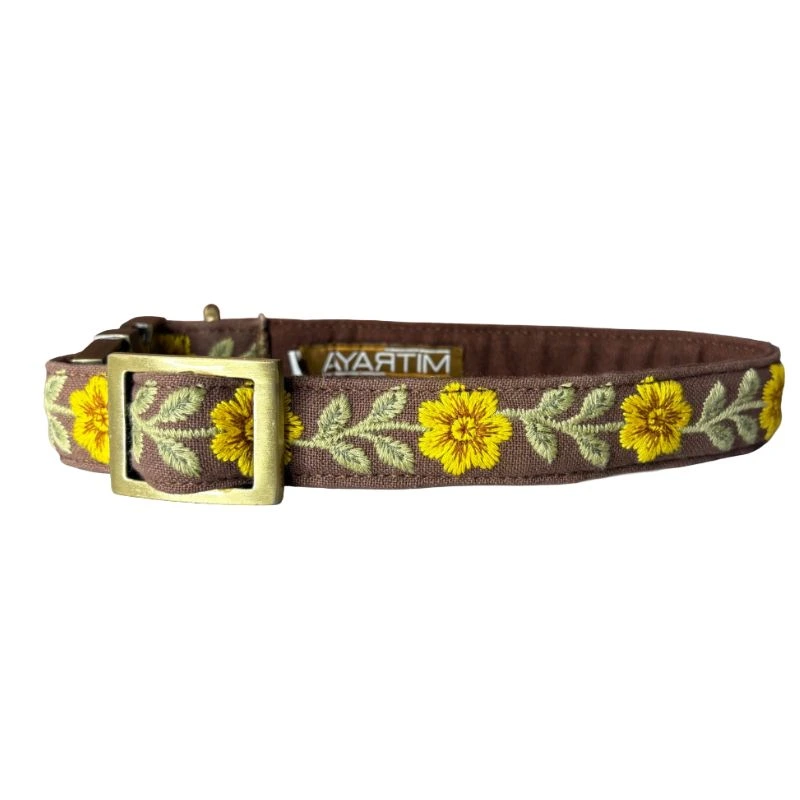MITRAYA Embroidered Sunflower Dog Collar, Brown Cotton with Brass Hardware, Adjustable Quick-Release Buckle, Floral Pattern
