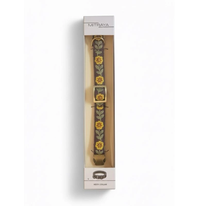 MITRAYA Embroidered Sunflower Dog Collar, Brown Cotton with Brass Hardware, Adjustable Quick-Release Buckle, Floral Pattern