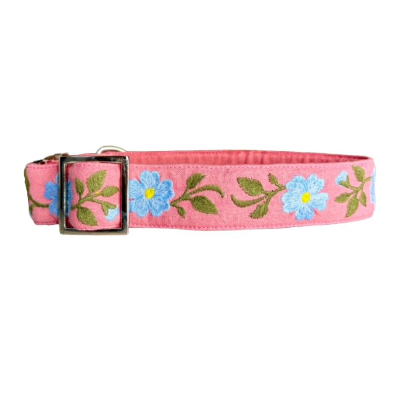 MITRAYA Premium Dog Collar, Pink Cotton with Floral Pattern, Metal Buckle Closure, Adjustable Neck Band
