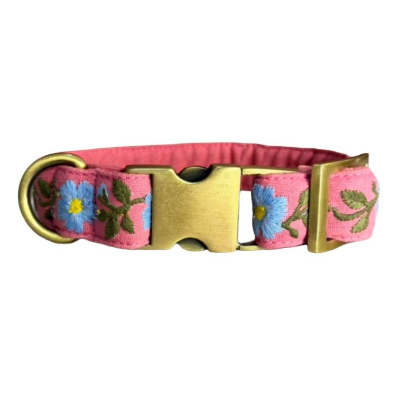 MITRAYA Premium Dog Collar, Pink Cotton with Floral Pattern, Metal Buckle Closure, Adjustable Neck Band