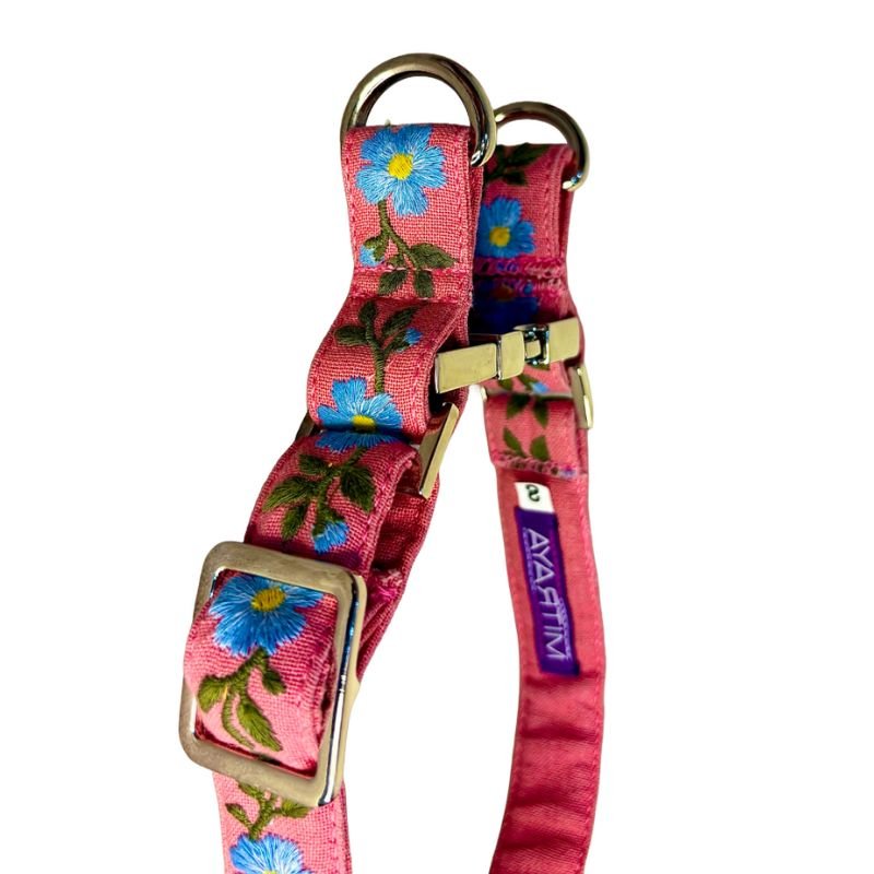 MITRAYA Premium No-Pull Dog Collar, Pink Cotton with Floral Pattern, Metal Buckle Closure, Adjustable Neck Band