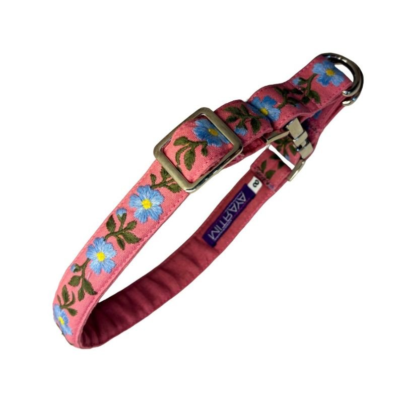 MITRAYA Premium No-Pull Dog Collar, Pink Cotton with Floral Pattern, Metal Buckle Closure, Adjustable Neck Band