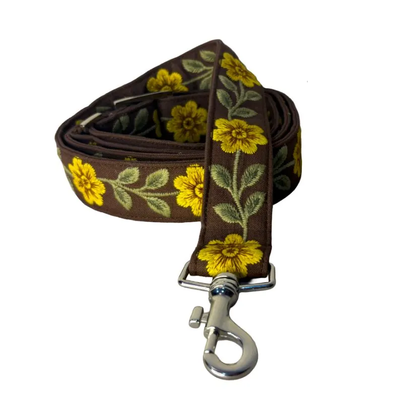 MITRAYA Floral Embroidered Dog Leash, Brown Cotton with Yellow Flowers, Adjustable Design with Metal Clasp, Suitable for all Breed Sizes