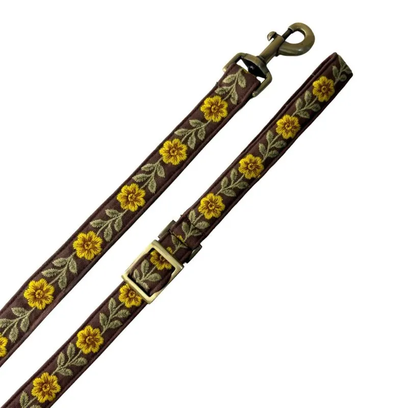 MITRAYA Floral Embroidered Dog Leash, Brown Cotton with Yellow Flowers, Adjustable Design with Metal Clasp, Suitable for all Breed Sizes