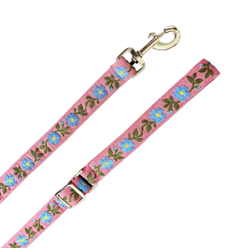 Mitraya Floral Dog Leash, Pink with Blue Flowers, Adjustable Length, Embroidered Pattern, Metal Clasp