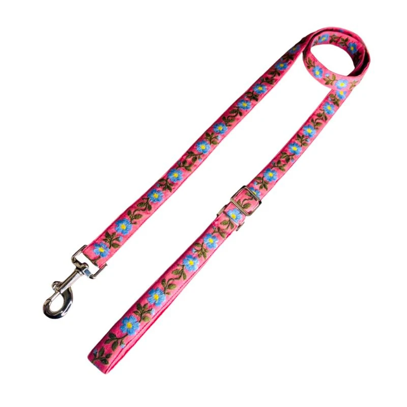 Mitraya Floral Dog Leash, Pink with Blue Flowers, Adjustable Length, Embroidered Pattern, Metal Clasp