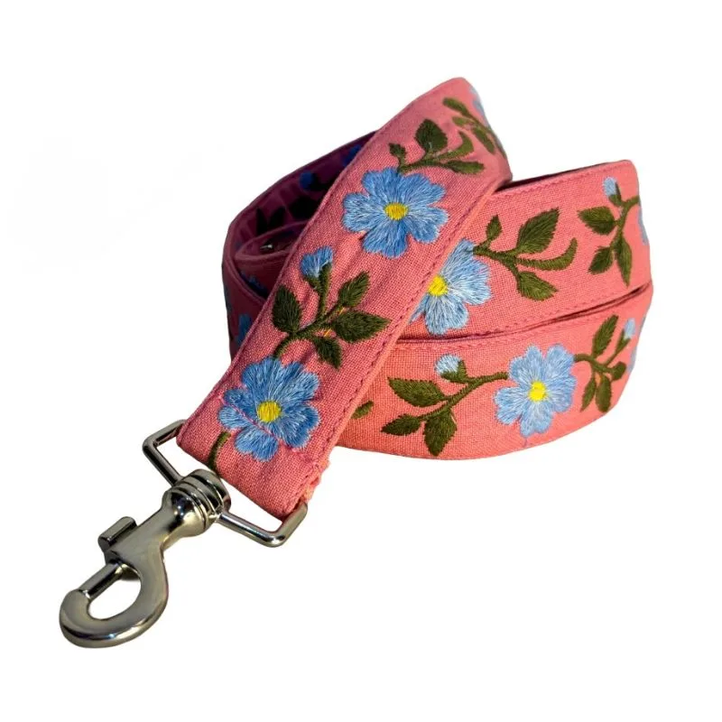 Mitraya Floral Dog Leash, Pink with Blue Flowers, Adjustable Length, Embroidered Pattern, Metal Clasp