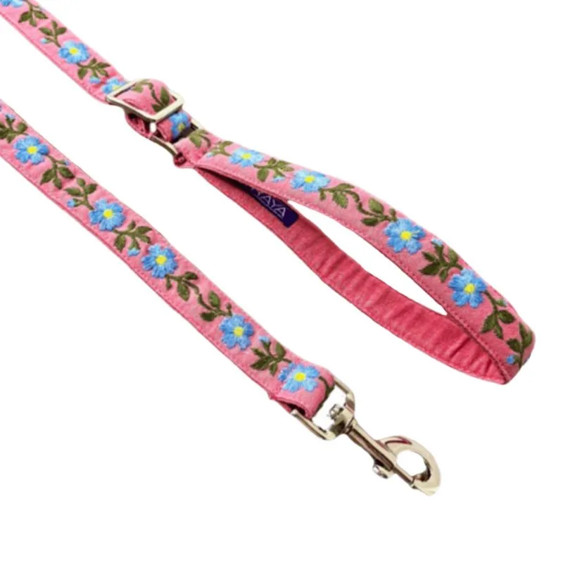 Mitraya Floral Dog Leash, Pink with Blue Flowers, Adjustable Length, Embroidered Pattern, Metal Clasp