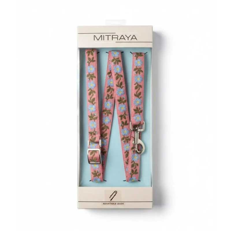 Mitraya Floral Dog Leash, Pink with Blue Flowers, Adjustable Length, Embroidered Pattern, Metal Clasp