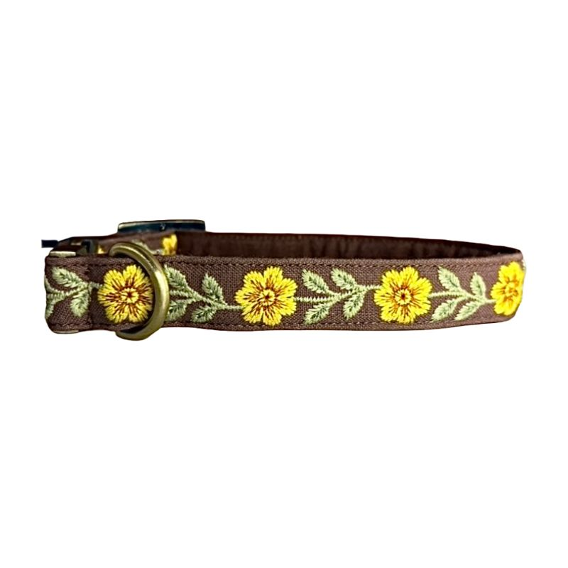 MITRAYA Embroidered Sunflower Dog Collar, Brown Cotton with Brass Hardware, Adjustable Quick-Release Buckle, Floral Pattern