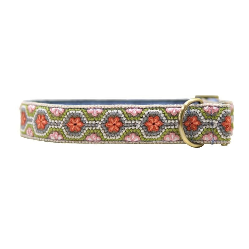 MITRAYA Embroidered Dog Collar, Floral Pattern with Coral and Pink Flowers, Nylon Material, Traditional Style, White Multi-Color, Adjustable Hook and Loop Closure