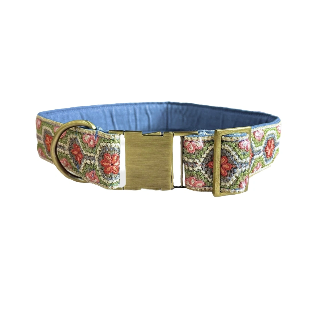 MITRAYA Embroidered Dog Collar, Floral Pattern with Coral and Pink Flowers, Nylon Material, Traditional Style, White Multi-Color, Adjustable Hook and Loop Closure