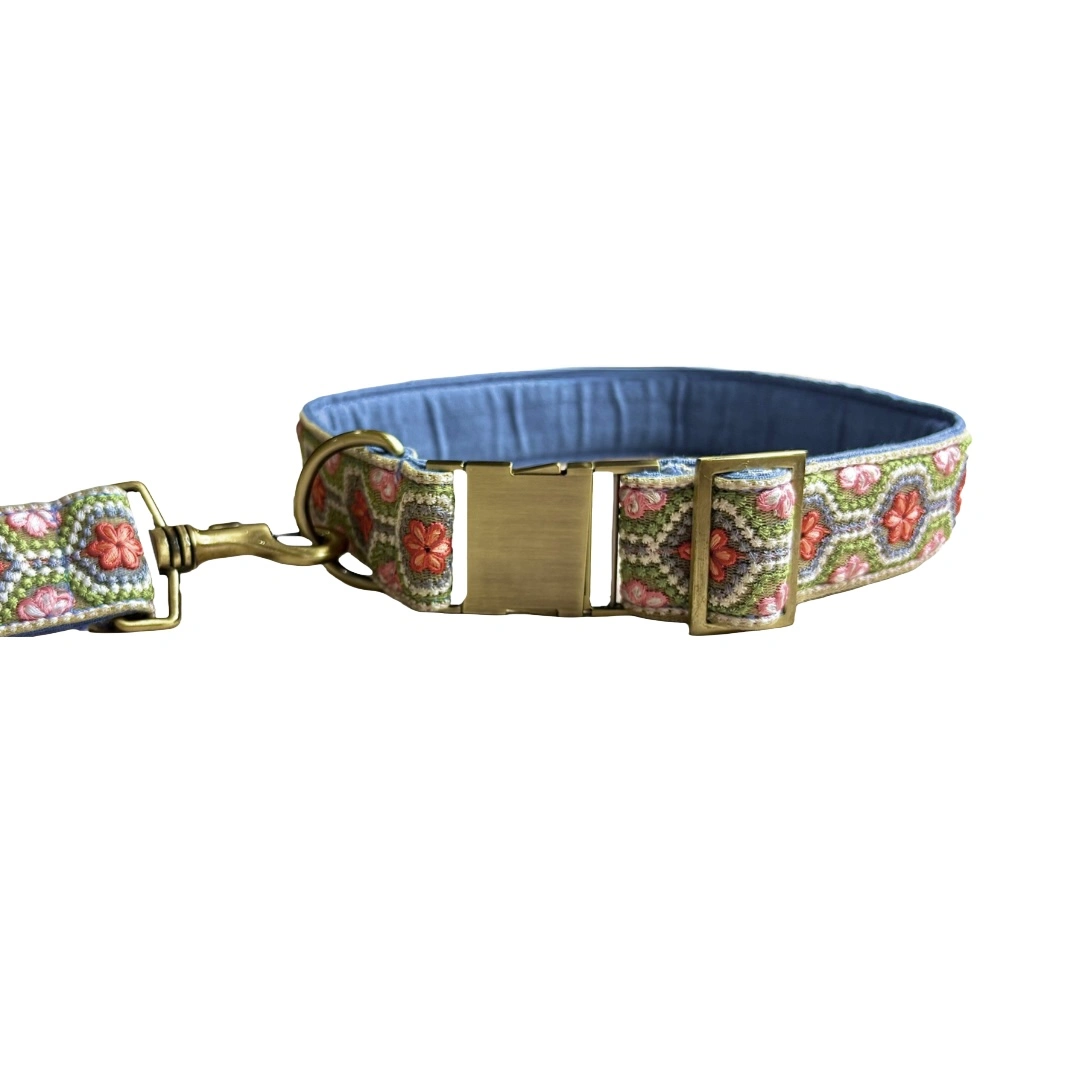 MITRAYA Embroidered Dog Collar, Floral Pattern with Coral and Pink Flowers, Nylon Material, Traditional Style, White Multi-Color, Adjustable Hook and Loop Closure