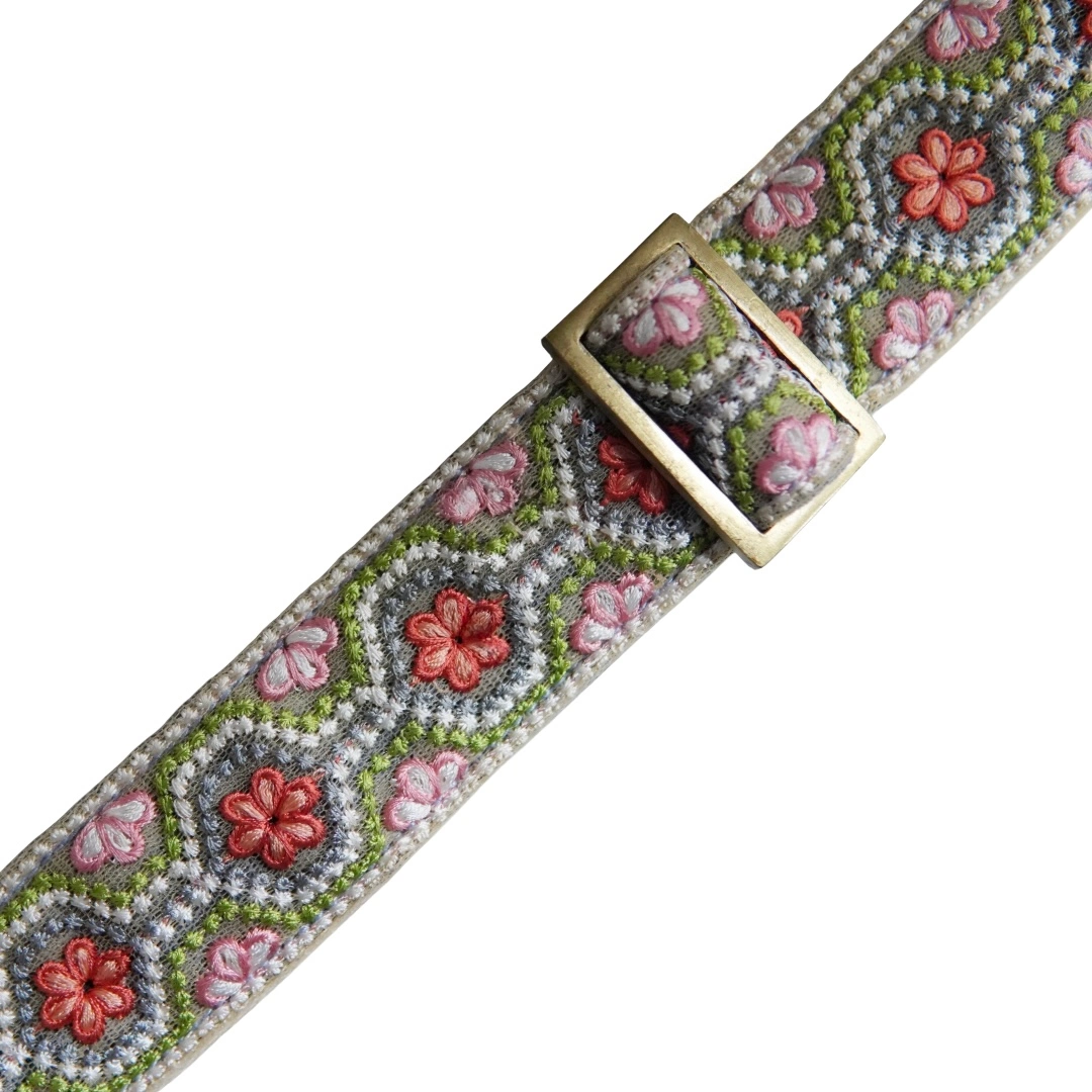 MITRAYA Embroidered Dog Collar, Floral Pattern with Coral and Pink Flowers, Nylon Material, Traditional Style, White Multi-Color, Adjustable Hook and Loop Closure