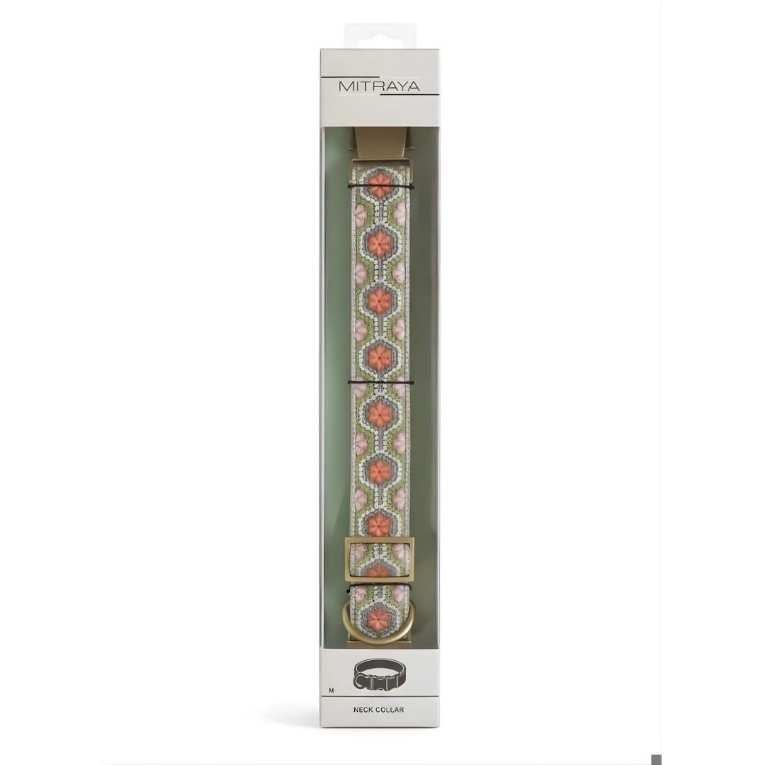 MITRAYA Embroidered Dog Collar, Floral Pattern with Coral and Pink Flowers, Nylon Material, Traditional Style, White Multi-Color, Adjustable Hook and Loop Closure